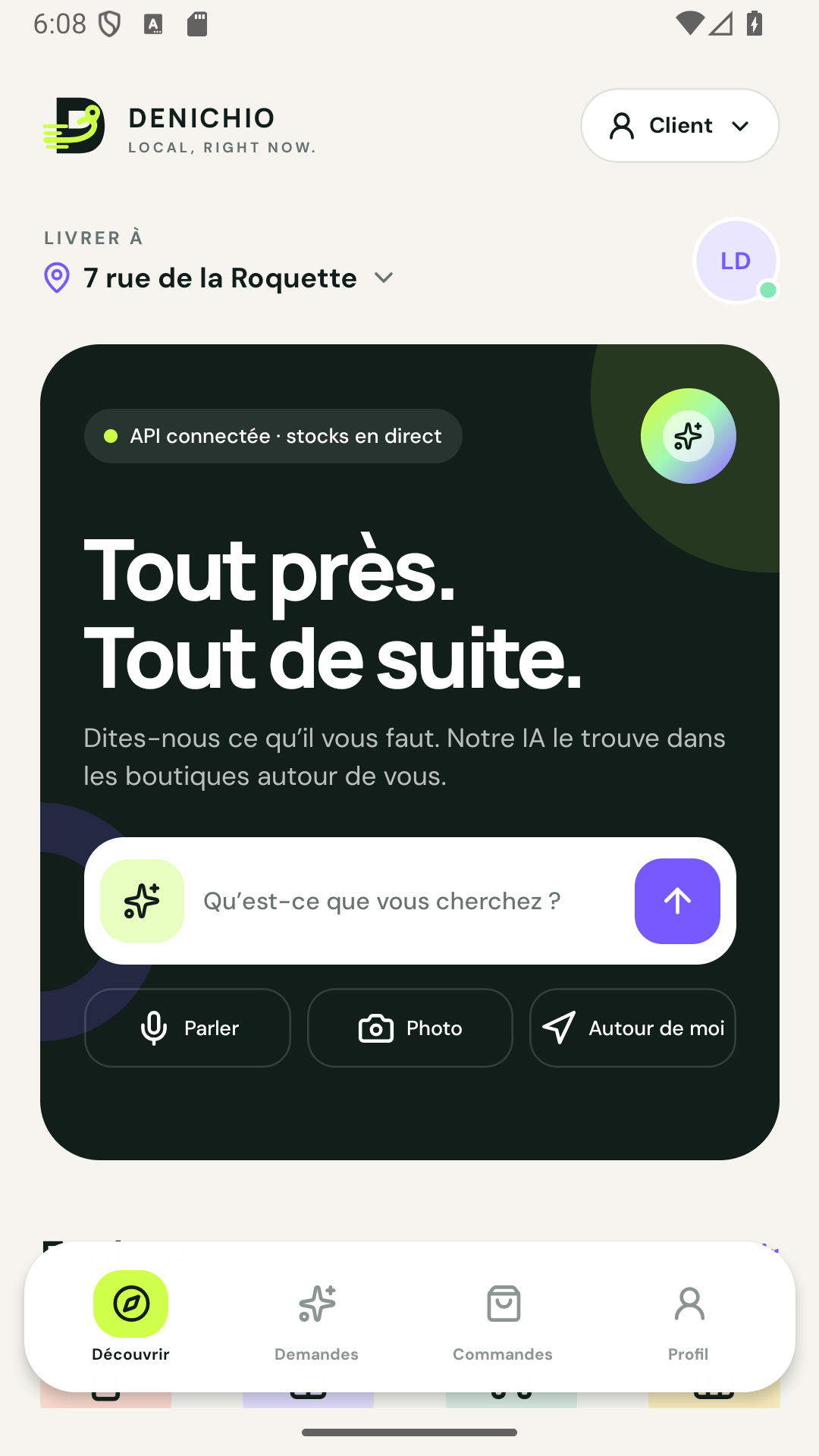 L’accueil de l’application mobile Denichio